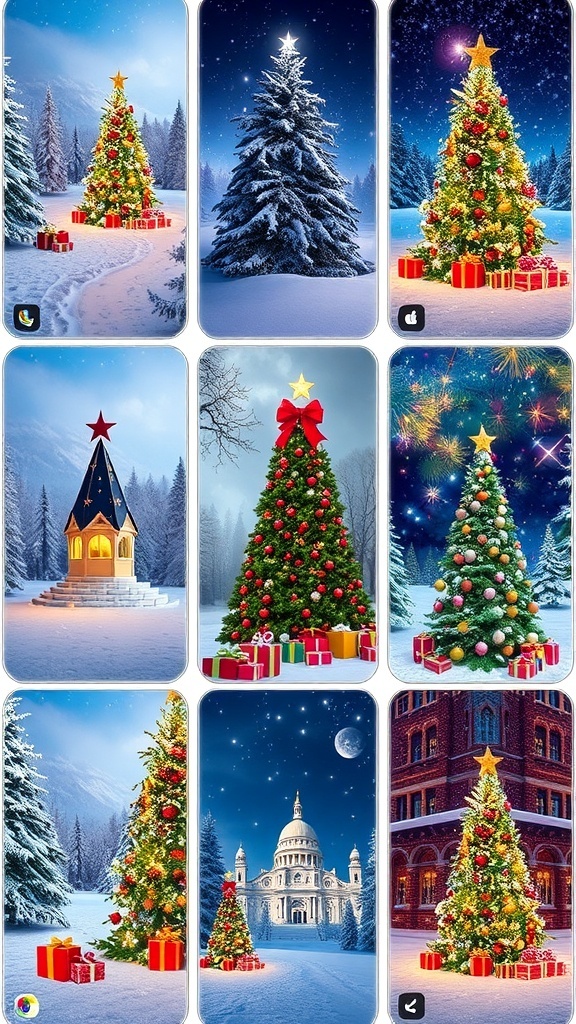 A variety of colorful Christmas wallpapers featuring winter scenes, Christmas trees, and holiday decorations.